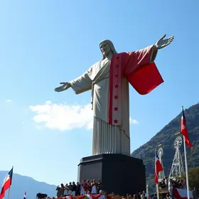 Cristo Redentor iluminado com as cores da bandeira do Chile